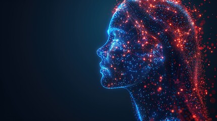 A digital representation of a woman's profile, illuminated with vibrant particles and lights.