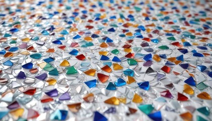 Obraz premium A scattered mosaic of glass shards on a white background, shattered crystal, geometric shards , layered shards