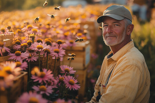 Portrait of an elderly beekeeper surrounded by bees, hives, and flowers, representing beekeeping
