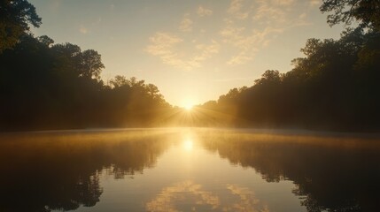 Fototapeta premium Serene Sunrise Over Misty River And Trees