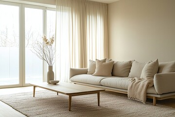 A modern Scandinavian interior design in a minimalist, skylight living room with sofa and table. Generative AI
