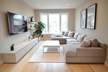 A modern minimalist interior design of a residential living room with windows visible and sofas and tables visible. Generative AI
