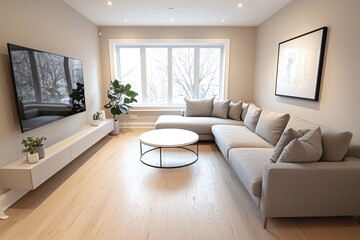 Fototapeta premium A modern minimalist interior design of a residential living room with windows visible and sofas and tables visible. Generative AI 