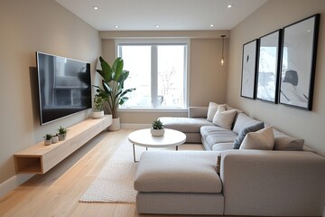 Fototapeta premium A modern minimalist interior design of a residential living room with windows visible and sofas and tables visible. Generative AI 
