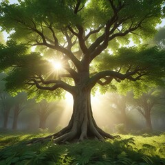 Fototapeta premium The trunk and branches of a mature tree are covered in an abundance of lush green leaves that seem to glow in the sunlight, deciduous tree, sunlight, tree trunk