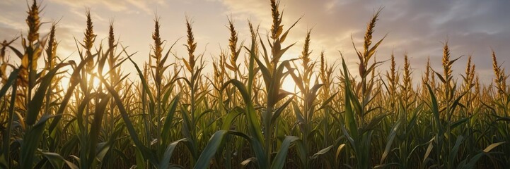 Warm light illuminates a lush landscape of corn stalks swaying in the breeze , golden, nature