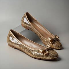 "Glittery gold ballet flats with a bow detail, clear background."