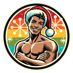 Naked gay guy in Santa hat against christmas snowflakes and rainbow. Round New Year gay symbol (vector)