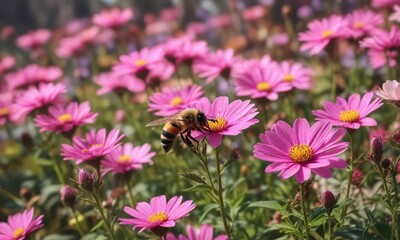 Obraz premium A bee collecting pollen from a colorful pink flower amidst a field of other flowers, garden, nectar, plant
