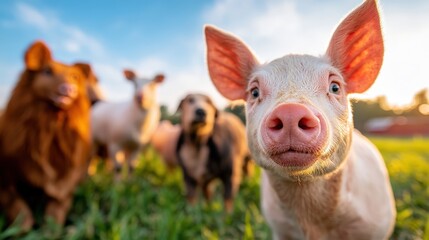 Fototapeta premium A close-up of a curious piglet stands out among various farm animals, capturing the charm and innocence of rural life in a vibrant green pasture under a bright sky.