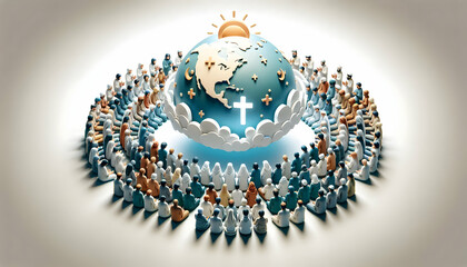 3D Unity Prayer Gathering concept as Diverse group engaging in unity prayer sharing spiritual beliefs fostering mutual respect World Religion Day peaceful environment copy space as 3D Icon isolated wh