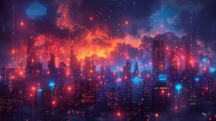 Fototapeta premium Neon city with connected network and red sky.