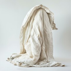 White quilt draped over an invisible object forming an abstract shape resembling a standing figure, against a minimalist white backdrop