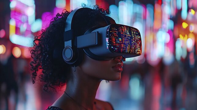 Futuristic Business Analyst Using Virtual Reality Headset for Immersive Data Interaction and Market Trend Analysis