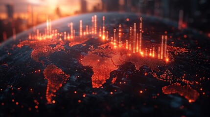 Glowing Digital Globe Displaying Global Business Trends and Economic Indicators