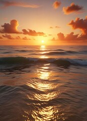 Obraz premium The warm tones of a sunrise cast a golden glow on the ocean's surface, as shades of orange, yellow, and red blend seamlessly with the surrounding sky, rise, light, warmth
