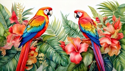 Obraz premium Tropical parrots perched on watercolor vines with bright exotic flowers