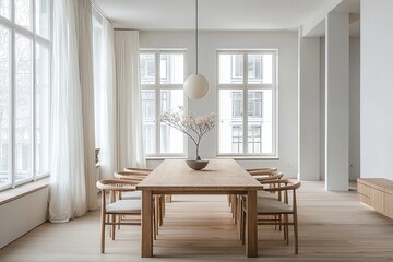 Minimalist, a Scandinavian interior design dining room with wooden dining tables and chairs. Generative AI
