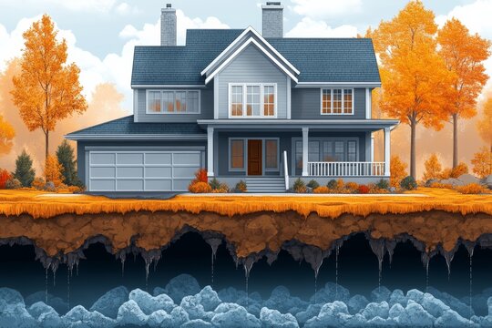 An infographic-style image showing the dangers of radon gas, with an illustration of it seeping through the ground into a home. Generative AI
