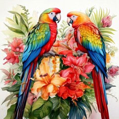 Obraz premium Tropical parrots perched on watercolor vines with bright exotic flowers