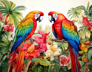 Obraz premium Tropical parrots perched on watercolor vines with bright exotic flowers