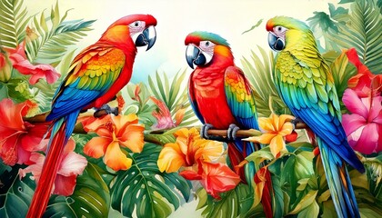 Naklejka premium Tropical parrots perched on watercolor vines with bright exotic flowers