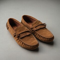 "Suede moccasins with fringe details, clear background."
