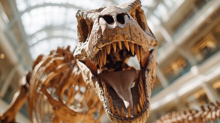 A fierce T-Rex skeleton displayed in a museum, its jaw open wide, showcasing the awe-inspiring...