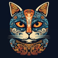 Naklejka premium Maori Carving Cat Illustration, Print for T-Shirt