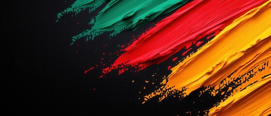 A vibrant abstract artwork featuring bold brush strokes in green, red, and yellow against a dark background.