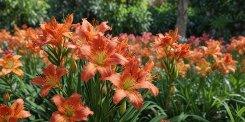 Vibrant Peruvian lily flowers in a lush garden , colorful blooms, garden flowers, plant life