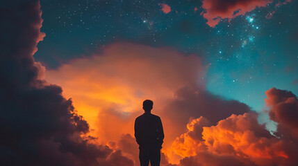 Obraz premium Person gazing at a vibrant sunset filled with colorful clouds and stars in a night sky
