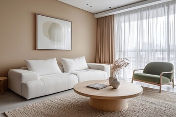 Fototapeta premium Minimalist, modern Scandinavian interior design in the living room with sofa and table. Generative AI 