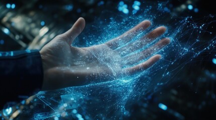 A hand interacts with glowing blue digital data streams