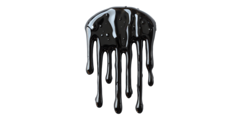 Glossy black paint dripping down isolated on transparent background
