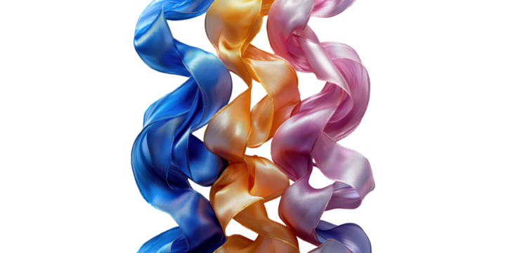 Multicolored satin ribbons twisting in harmony isolated on transparent background