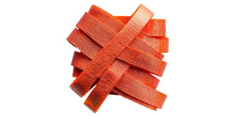 Orange textured ribbons arranged in a crisscross pattern isolated on transparent background