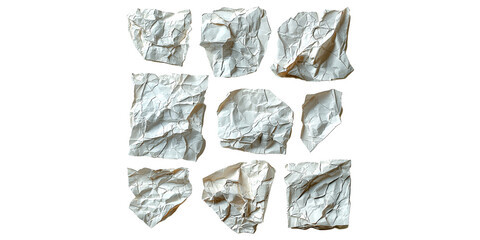 Crumpled sheets of paper collection isolated on transparent background