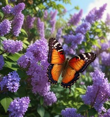 Obraz premium A colorful butterfly landing on the lilac flowers in the garden , Garden, Colors, Butterfly