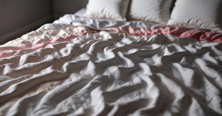 Bed quilt with wrinkled, faded fabric and a strong unpleasant odor, cloth, bedding