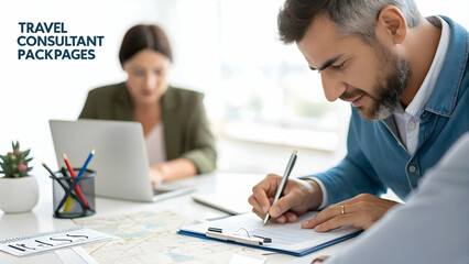 Fototapeta premium Travel Consultant Negotiating Travel Packages with Clients on Desk Plain Background for Advertisement Copy Space