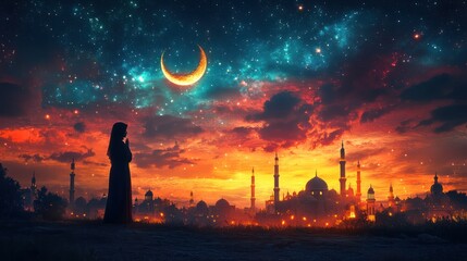 Woman praying at sunset with crescent moon and mosque.