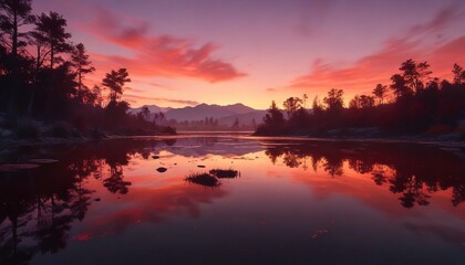 A deep red oil slick spreads across a still pond at dawn, glowing oil, early morning light, natural scene