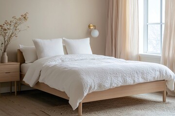 Minimalist, Scandinavian interior design in a bedroom with a bed. Generative AI
