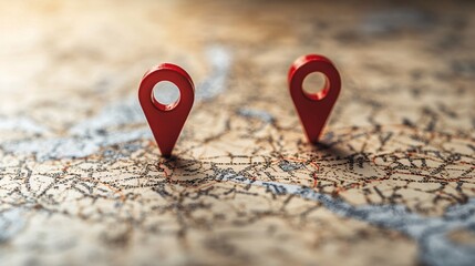 Two red location markers are placed on a vintage map, symbolizing navigation and exploration.