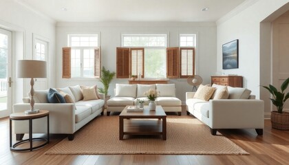 A bright and spacious living room with white sofas, a wooden coffee table, and a large window with wooden shutters.
