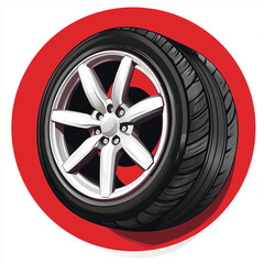 Car wheel and tire illustration on red circular background