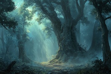 Obraz premium A mysterious forest shrouded in thick fog, with muted tones, tall ancient trees, and shafts of light breaking through the mist, evoking a cinematic and atmospheric vibe.