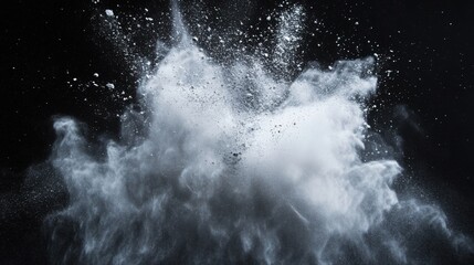 White powder explosion on black background. High-speed photography capturing particles in mid-air.