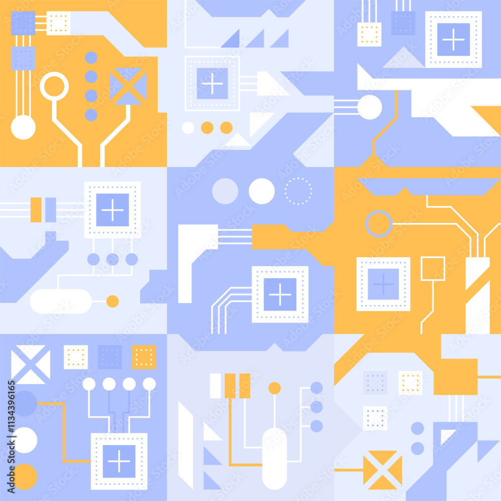 Poster Circuit board technology background. AI semiconductor and computer processor. Abstract polygonal microchip. High-tech circuit board connection system concept. Vector abstract technology illustration.